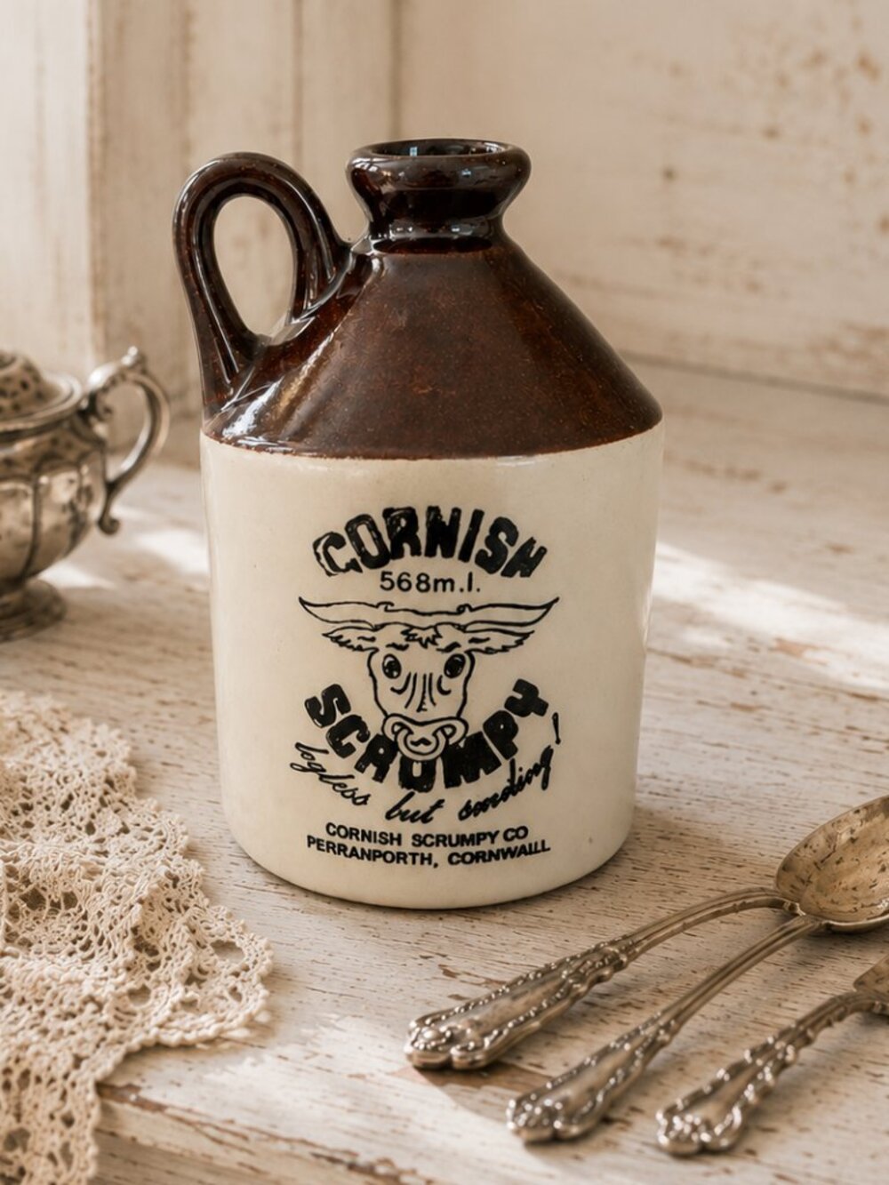 Rare Vintage Cornish Scrumpy Cow Motif Stoneware Cider Jug Barn Style Flagon